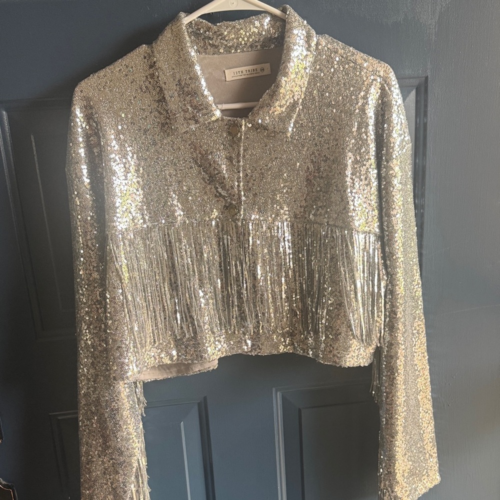12th Tribe Silver Sequin Fringe Cropped Jacket